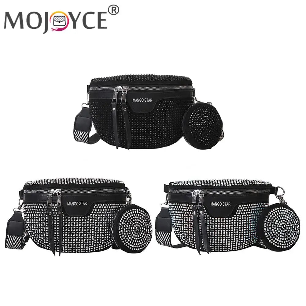 Rhinestone Waist Belt Bag Shoulder Crossbody PU Leather Chest Phone Pack Women