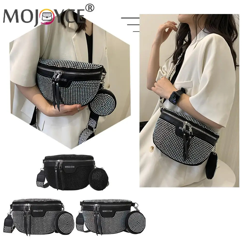 Rhinestone Waist Belt Bag Shoulder Crossbody PU Leather Chest Phone Pack Women