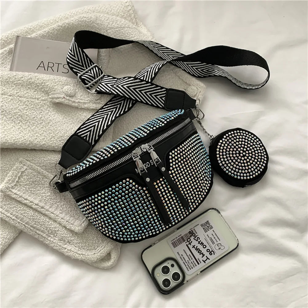 Rhinestone Waist Belt Bag Women Chest Crossbody Pack PU Bling Fanny Pack