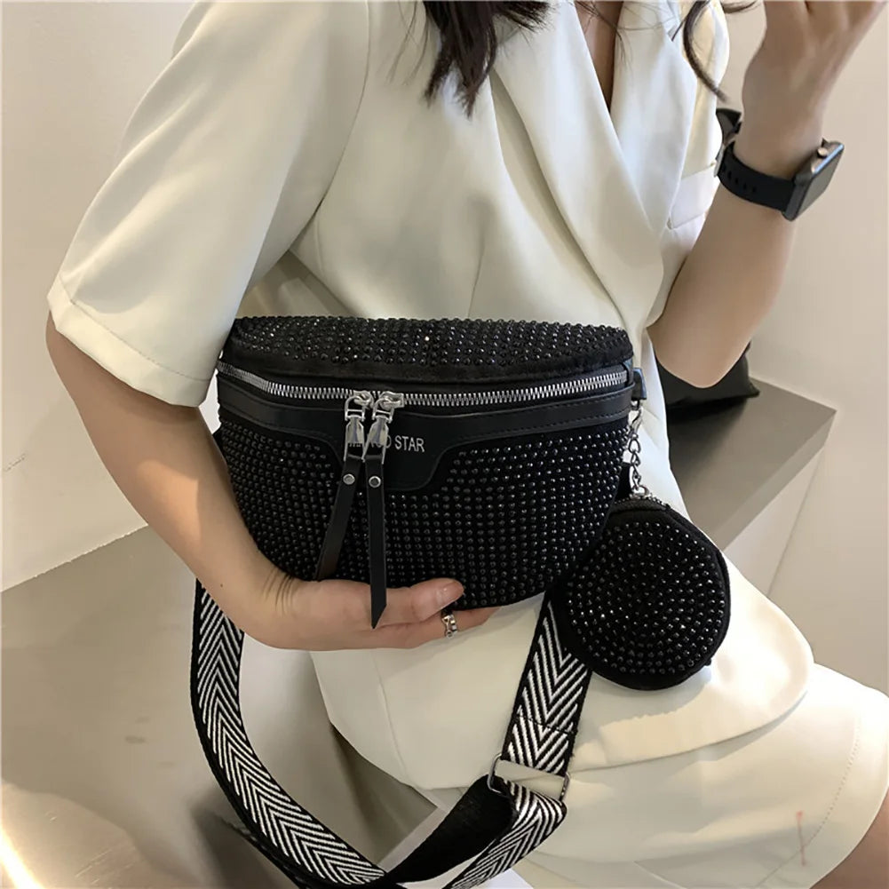 Rhinestone Waist Belt Bag Women Chest Crossbody Pack PU Bling Fanny Pack