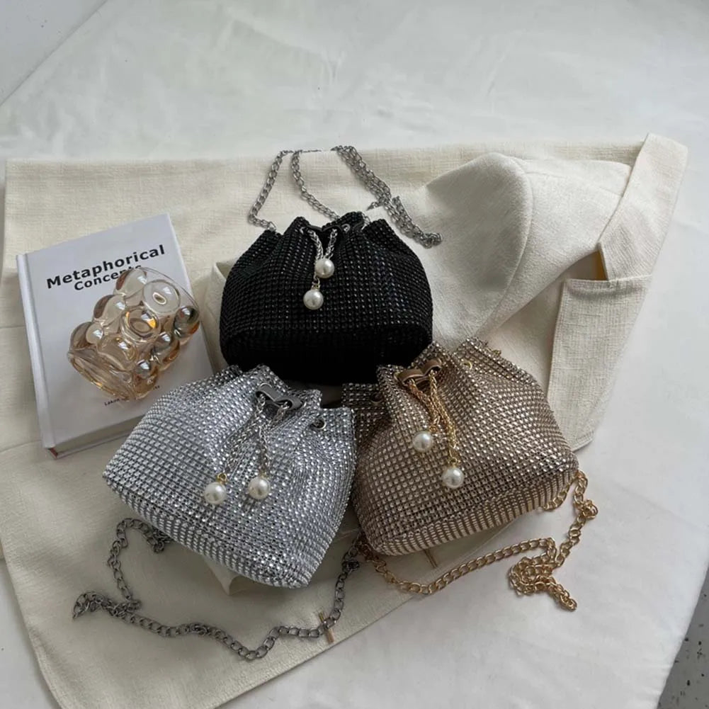 Rhinestone Bucket Handbag for Women Wedding Party Shoulder Bag