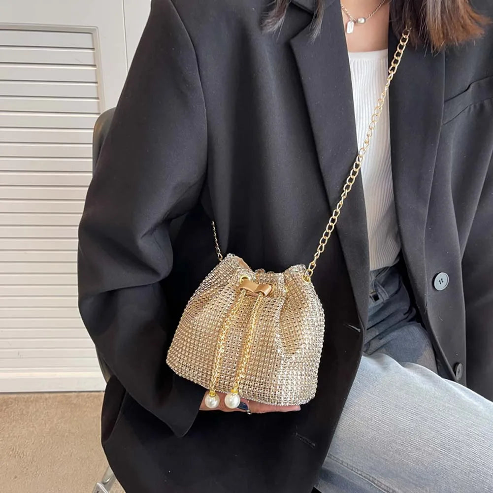Rhinestone Bucket Handbag for Women Wedding Party Shoulder Bag