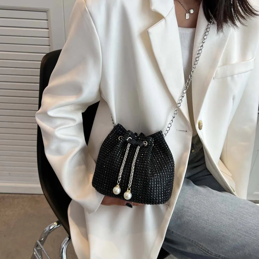 Rhinestone Bucket Handbag for Women Wedding Party Shoulder Bag