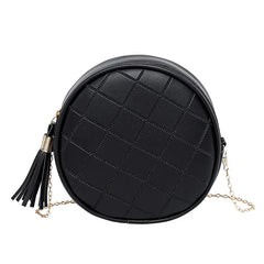 Rhombus Embossed Small Round Bag with Tassel Shoulder Strap