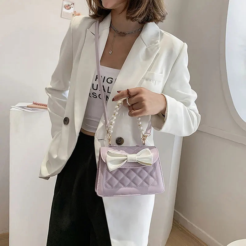 Rhombus Lattice Handbag Women Bow Square Bag Solid Crossbody Shoulder Bag