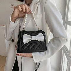 Rhombus Lattice Handbag Women Bow Square Bag Solid Crossbody Shoulder Bag