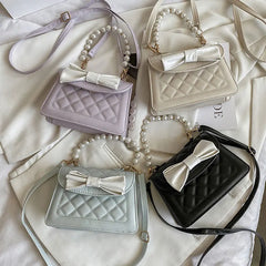Rhombus Lattice Handbag Women Bow Square Bag Solid Crossbody Shoulder Bag
