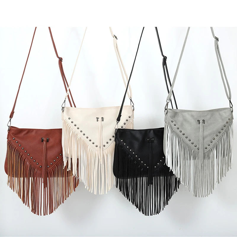 Rivet Shoulder Bag with Tassel PU Leather Solid Flap Ladies Purses and Handbags