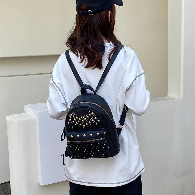 Rivet Women Backpack PU Leather Female Shoulder Bag Student Schoolbags