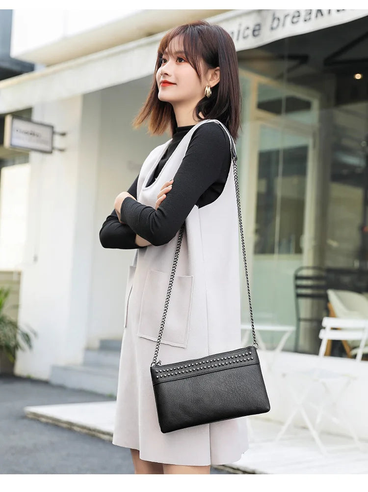 Rivet Women Crossbody Bag PU Leather Wrist Strap Clutch Purses