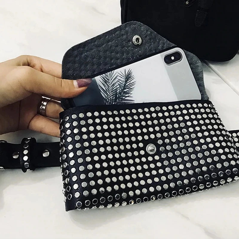 Rivets Waist Pack Fanny Pack Small Women Waist Bag Phone Pouch Punk Belt Bag