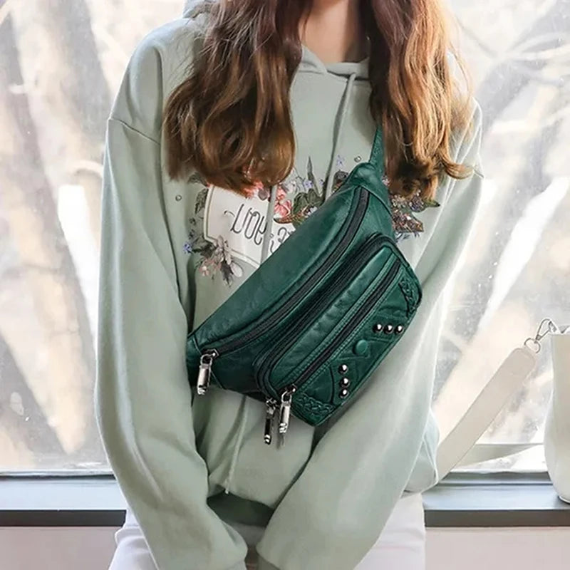 Rivets Women Belt Waist Bag Fanny Pack Soft PU Leather Female Phone Pockets Bags