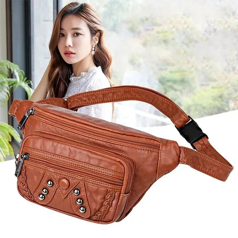 Rivets Women Belt Waist Bag Fanny Pack Soft PU Leather Female Phone Pockets Bags