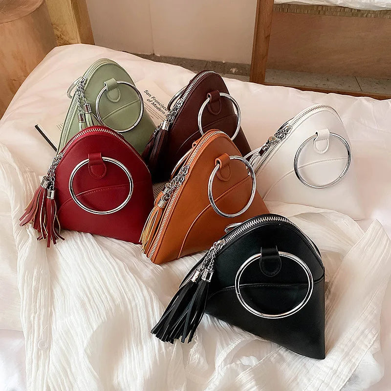Round Handle Tassel Women's Handbags Small Triangle Coins Clutch Purses Mini Tot