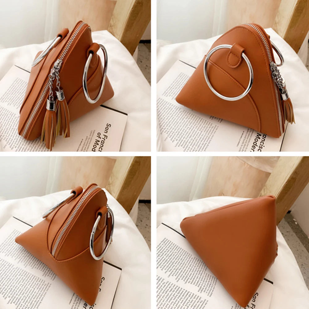 Round Handle Tassel Women's Handbags Small Triangle Coins Clutch Purses Mini Tot