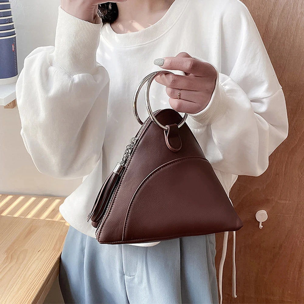 Round Handle Tassel Women's Handbags Small Triangle Coins Clutch Purses Mini Tot