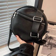 Women's Round Shoulder Bag PU Leather Handle Wide Strap Handbag Tote Bolsa