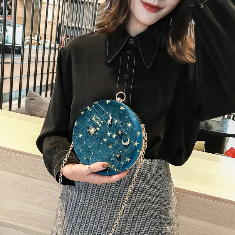 Round Starry Sky Suede Women Shoulder Bag Chain Crossbody Messenger Bags