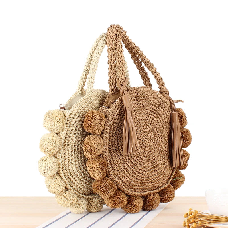 Boho Tassel Rattan Handbags Woven Crossbody Shoulder Bags Beach Purses