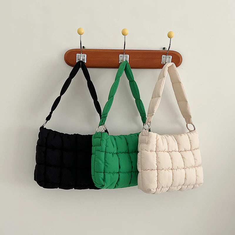 Ruched Quilted Women Shoulder Bags Padded Handbags Nylon Tote Bag Winter