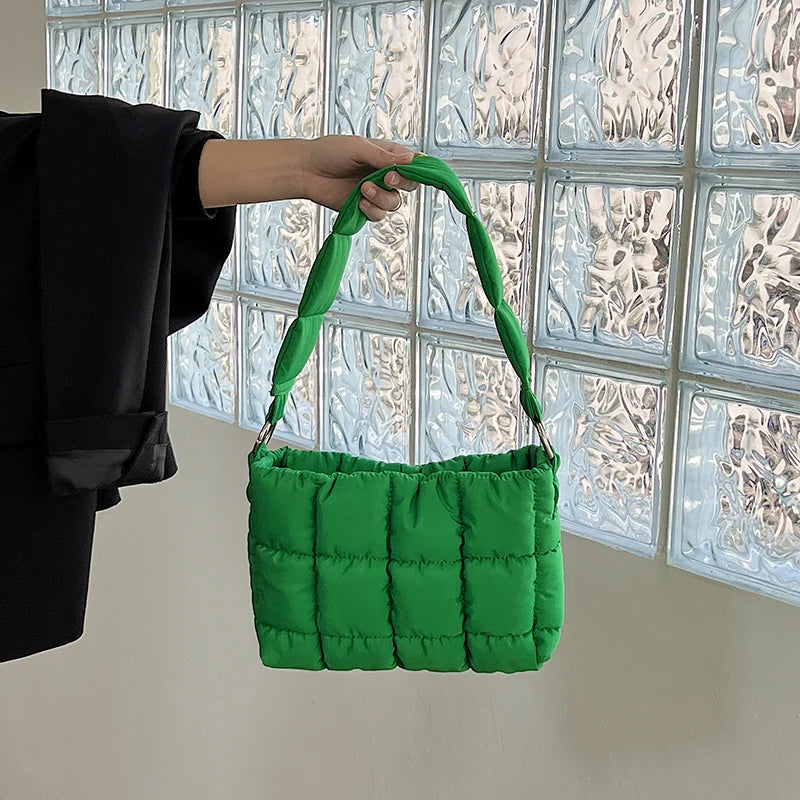 Ruched Quilted Women Shoulder Bags Padded Handbags Nylon Tote Bag Winter