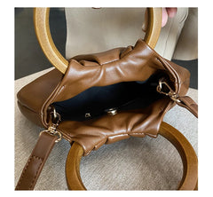 Ruched Shoulder Bags Wooden Handle Handbag Soft PU Leather Crossbody Bag