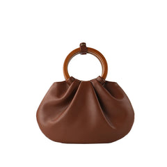 Ruched Shoulder Bags Wooden Handle Handbag Soft PU Leather Crossbody Bag