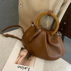 Ruched Shoulder Bags Wooden Handle Handbag Soft PU Leather Crossbody Bag
