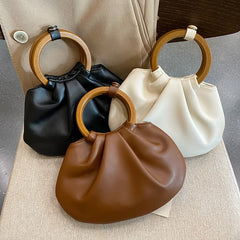 Ruched Shoulder Bags Wooden Handle Handbag Soft PU Leather Crossbody Bag