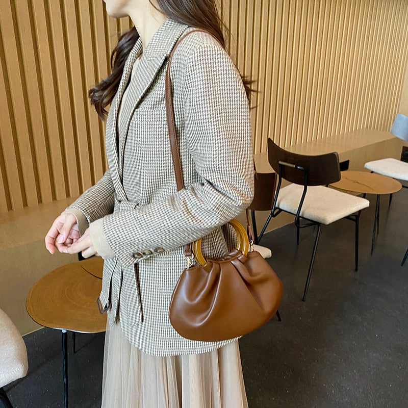 Ruched Shoulder Bags Wooden Handle Handbag Soft PU Leather Crossbody Bag