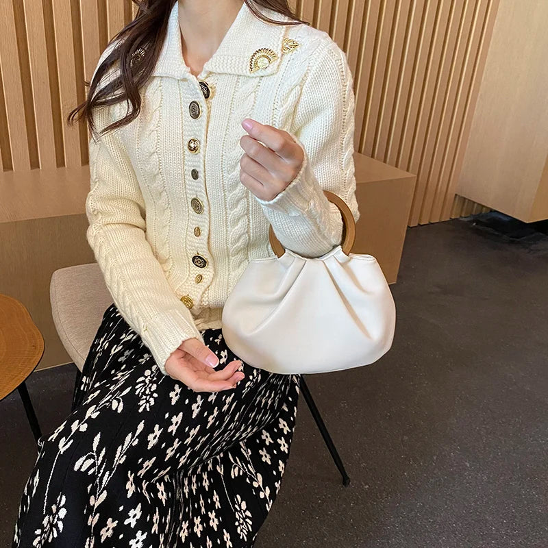 Ruched Shoulder Bags Wooden Handle Handbag Soft PU Leather Crossbody Bag