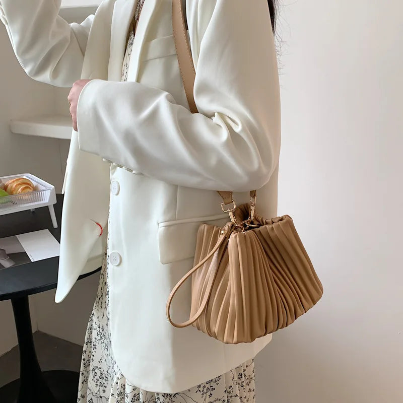 Ruched Women Shoulder Crossbody Bags Soft Pu Leather Ladies Small Bucket Bag
