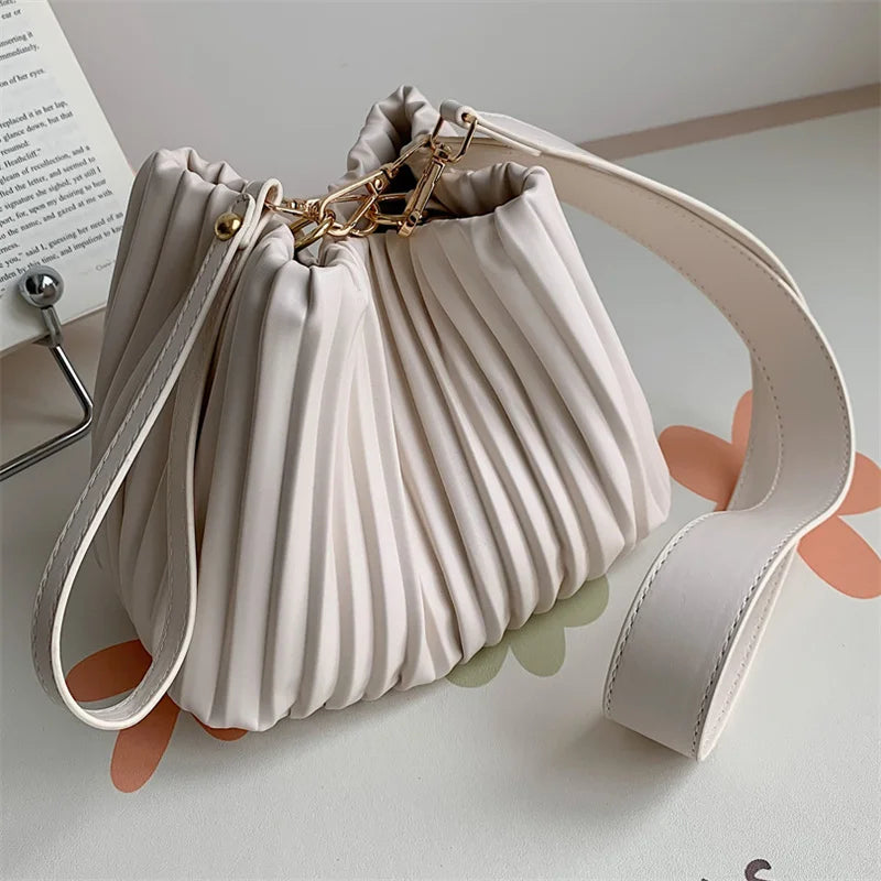 Ruched Women Shoulder Crossbody Bags Soft Pu Leather Ladies Small Bucket Bag
