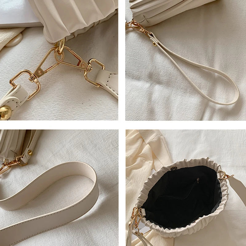 Ruched Women Shoulder Crossbody Bags Soft Pu Leather Ladies Small Bucket Bag