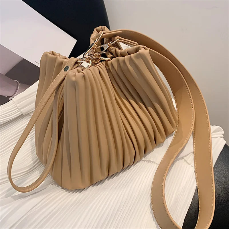 Ruched Women Shoulder Crossbody Bags Soft Pu Leather Ladies Small Bucket Bag