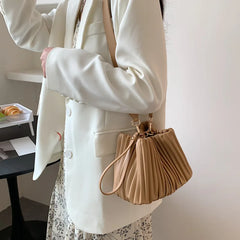 Ruched Women Shoulder Crossbody Bags Soft Pu Leather Ladies Small Bucket Bag