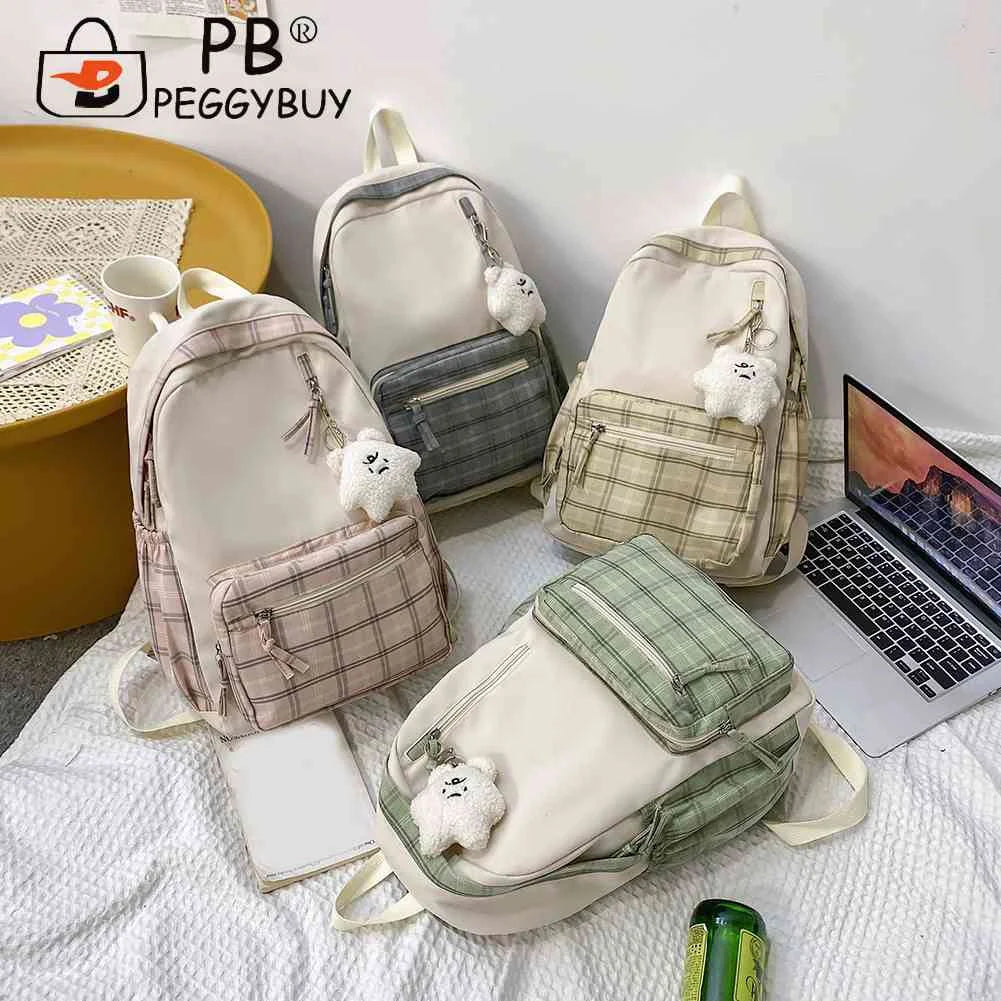 Nylon School Backpack Travel Daypacks Cartoon Pendant Plaid