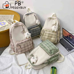 Nylon School Backpack Travel Daypacks Cartoon Pendant Plaid