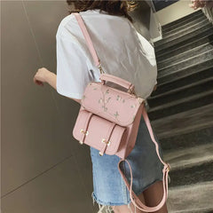 Embroidered Floral Leather School Backpack for Teenage Girls