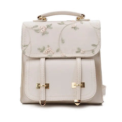 Embroidered Floral Leather School Backpack for Teenage Girls
