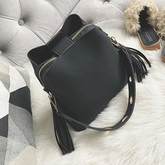 Vintage Tassel Messenger Bag Scrub Women Bucket Crossbody Shoulder Bag
