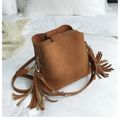 Vintage Tassel Messenger Bag Scrub Women Bucket Crossbody Shoulder Bag