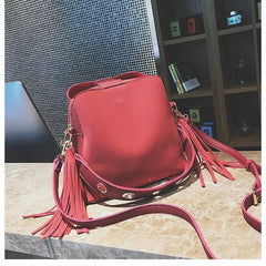 Vintage Tassel Messenger Bag Scrub Women Bucket Crossbody Shoulder Bag