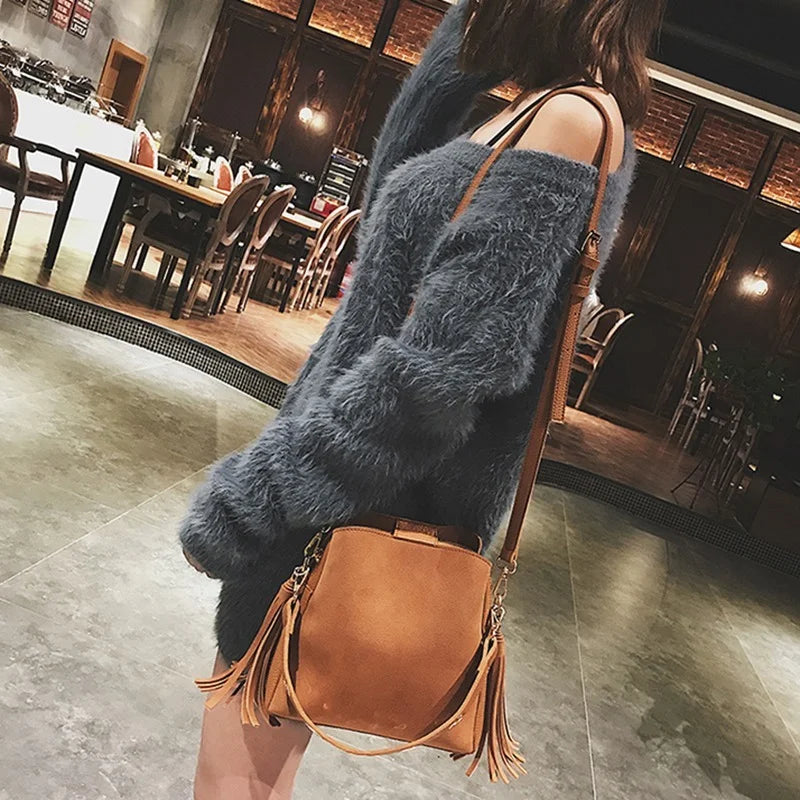 Vintage Tassel Messenger Bag Scrub Women Bucket Crossbody Shoulder Bag
