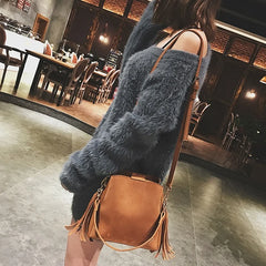 Vintage Tassel Messenger Bag Scrub Women Bucket Crossbody Shoulder Bag