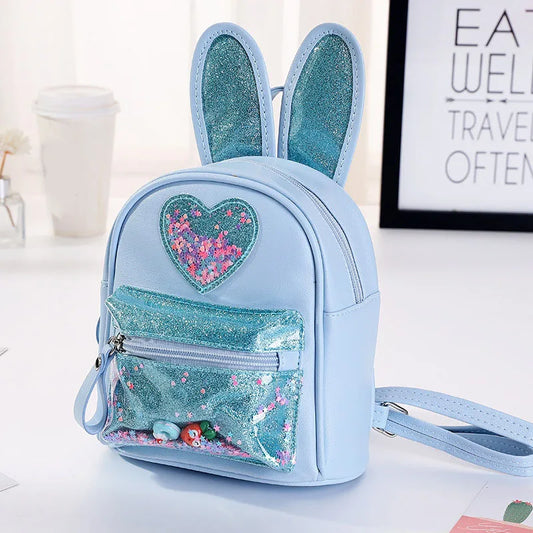Sequin Kids Backpack Rabbit Ear PU Leather Girls Bag