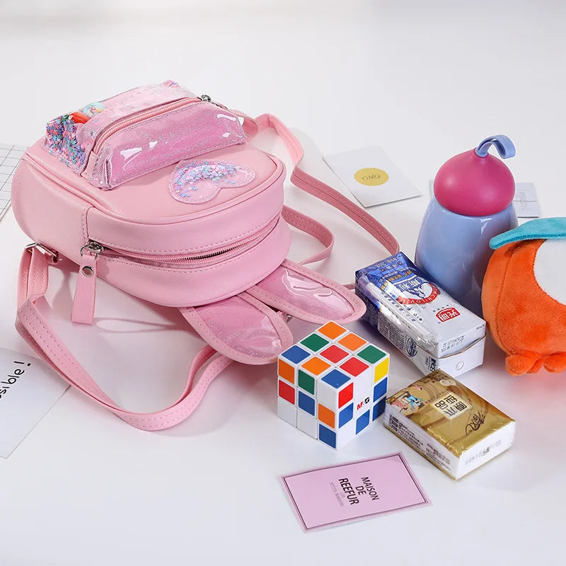 Sequin Kids Backpack Rabbit Ear PU Leather Girls Bag