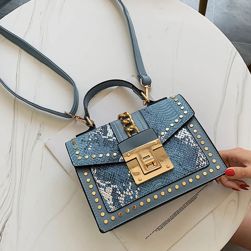 Serpentine Shoulder Bag Women PU Leather Crossbody Bag Chains Messenger Bag