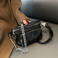 Leather Chest Bag Chain Fanny Waist Pack Two Layer Pouch Belt Phone Purse