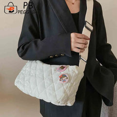 Quilted Shoulder Messenger Bag with Bear Pendant for Ladies Travel